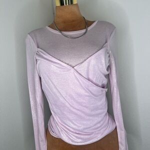 Express Purple Long Sleeve Fitted Blouse with Crew Neck and Asymmetrical Design